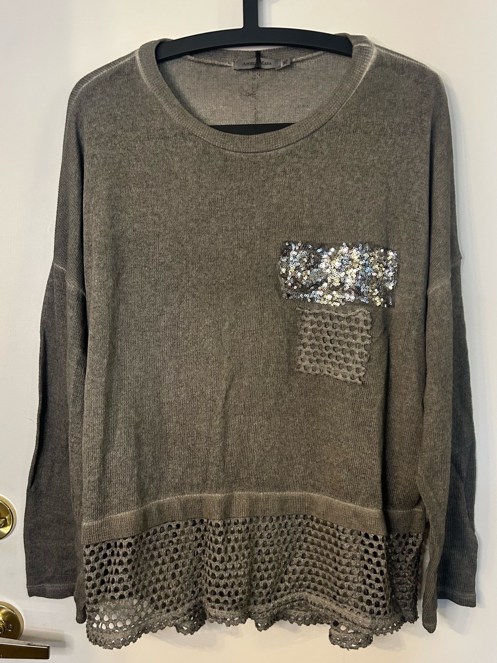 Angela Mara Mesh Knit Sequin Accent Crochet-Hem Made in Italy Sweater- Pewter XL